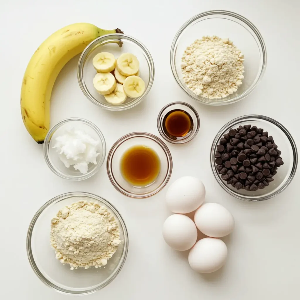 Ingredients for healthy banana bread with chocolate chips recipe