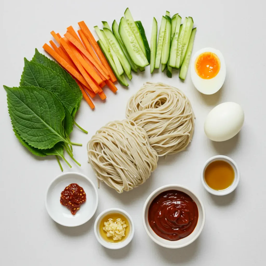 Ingredients for bibim recipe with gochujang and noodles