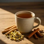 cortisol tea recipe in ceramic mug with healing herbs