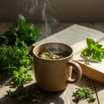 Guruko furidamu herb tea with dried leaves on wooden table