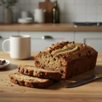 Healthy banana bread with chocolate chips recipe sliced on wooden table
