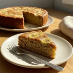 High protein banana cake recipe slice on plate