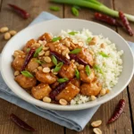 Low carb kung pao chicken recipe served in a white bowl with peanuts and cauliflower rice