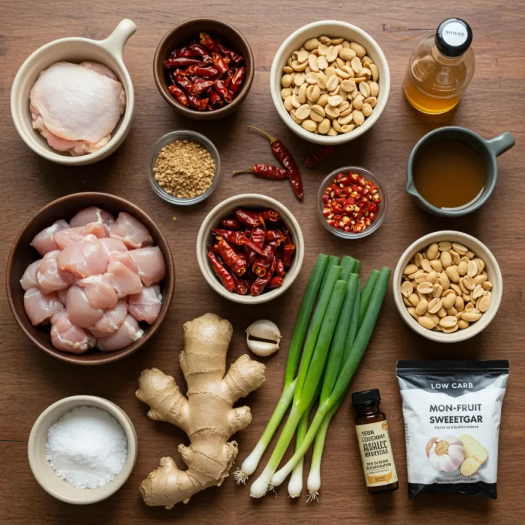 Ingredients for low carb kung pao chicken recipe laid out on a wooden surface