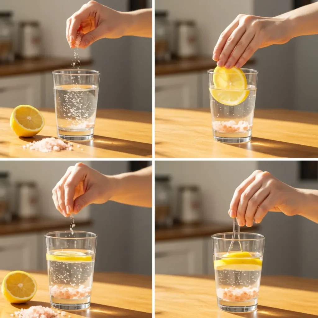stirring Himalayan pink salt into lemon water