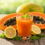 Fresh papaya and lemon juice on rustic table for weight loss
