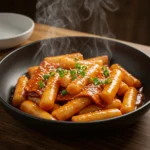Yopokki recipe with spicy gochujang sauce and chewy Korean rice cakes in a bowl