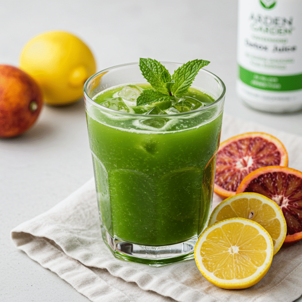 Glass of arden garden detox juice ready to drink