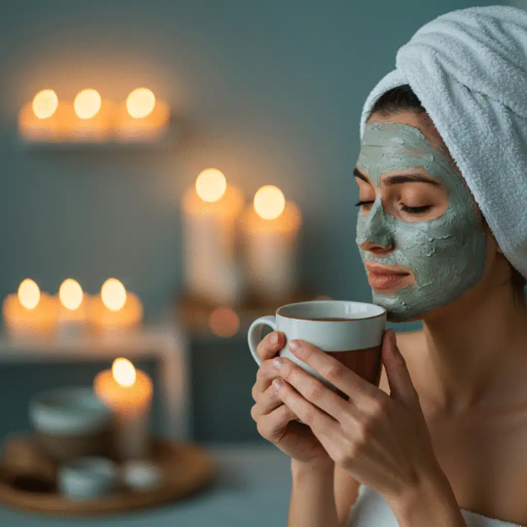Relaxing with armpit detox mask and herbal tea