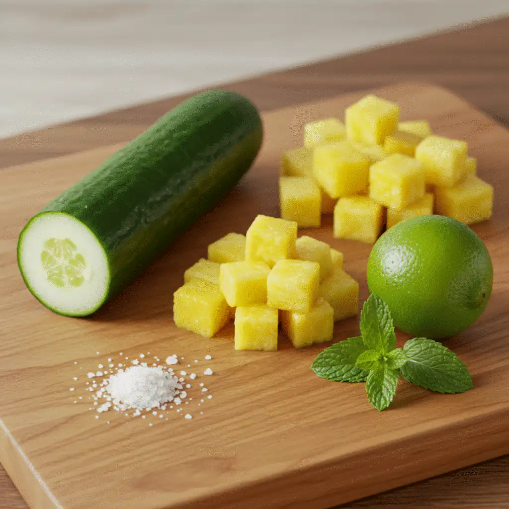 Cucumber and pineapple salad detox ingredients flat lay