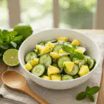 Cucumber and pineapple salad detox in white ceramic bowl overhead