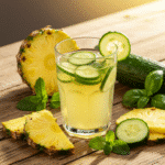 Detox with pineapple and cucumber drink on rustic table