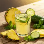 Detox with pineapple and cucumber drink on rustic table