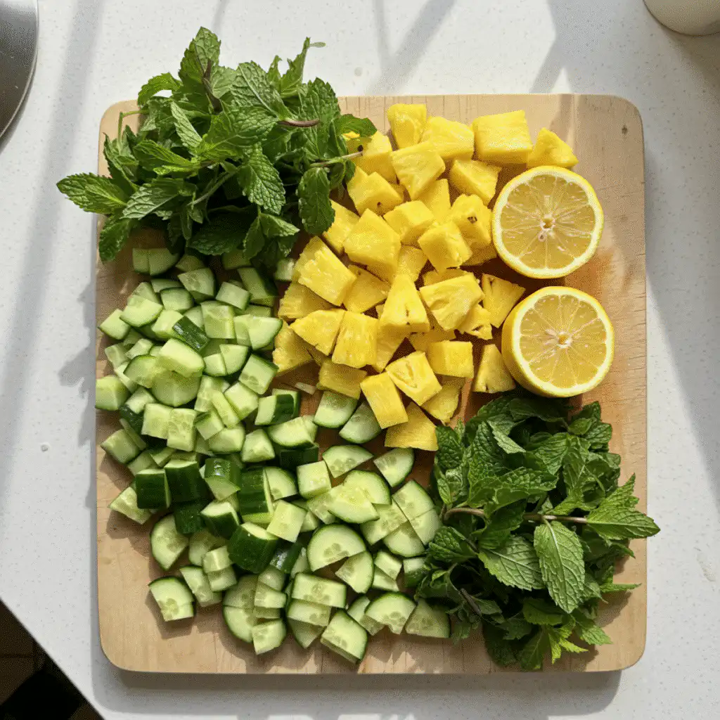 Pineapple and cucumber detox ingredients on cutting board