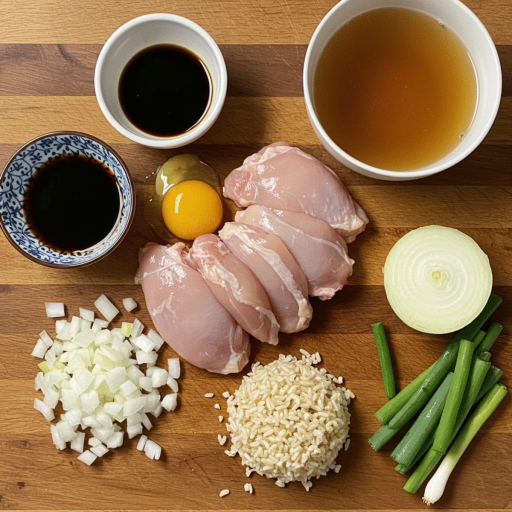 healthy oyakodon ingredients laid out on cutting board