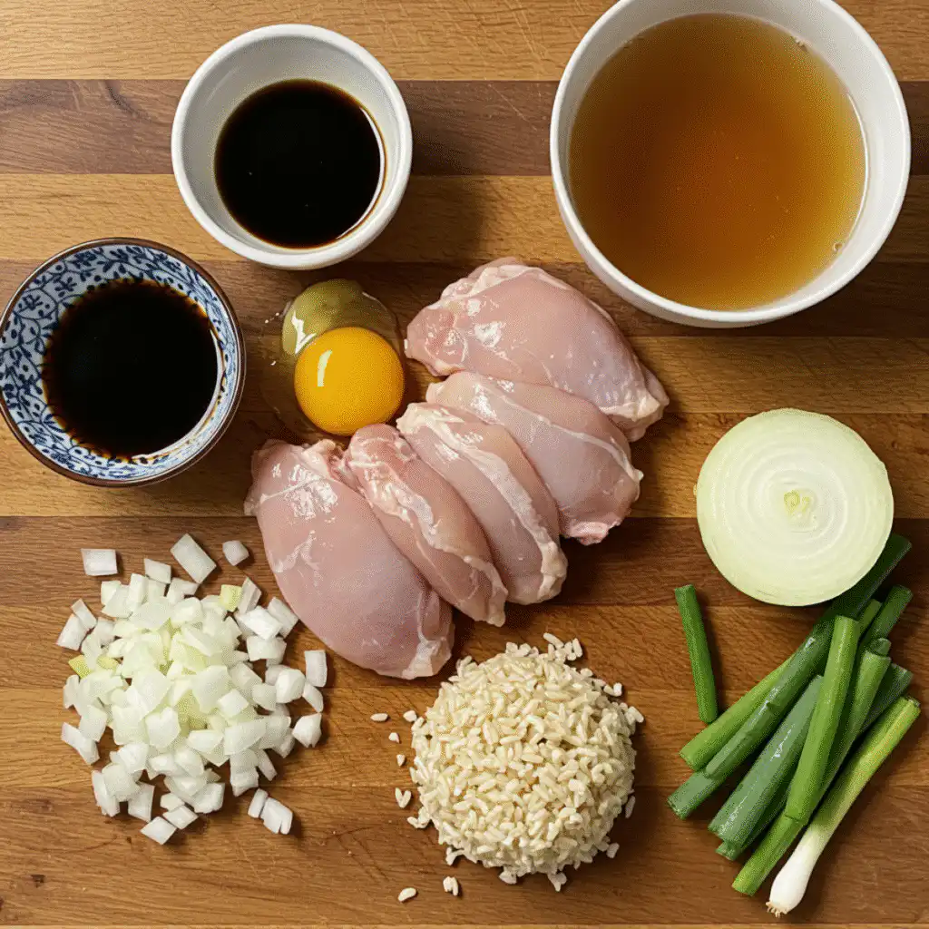 healthy oyakodon ingredients laid out on cutting board