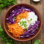 Healthy red cabbage coleslaw recipe in rustic bowl