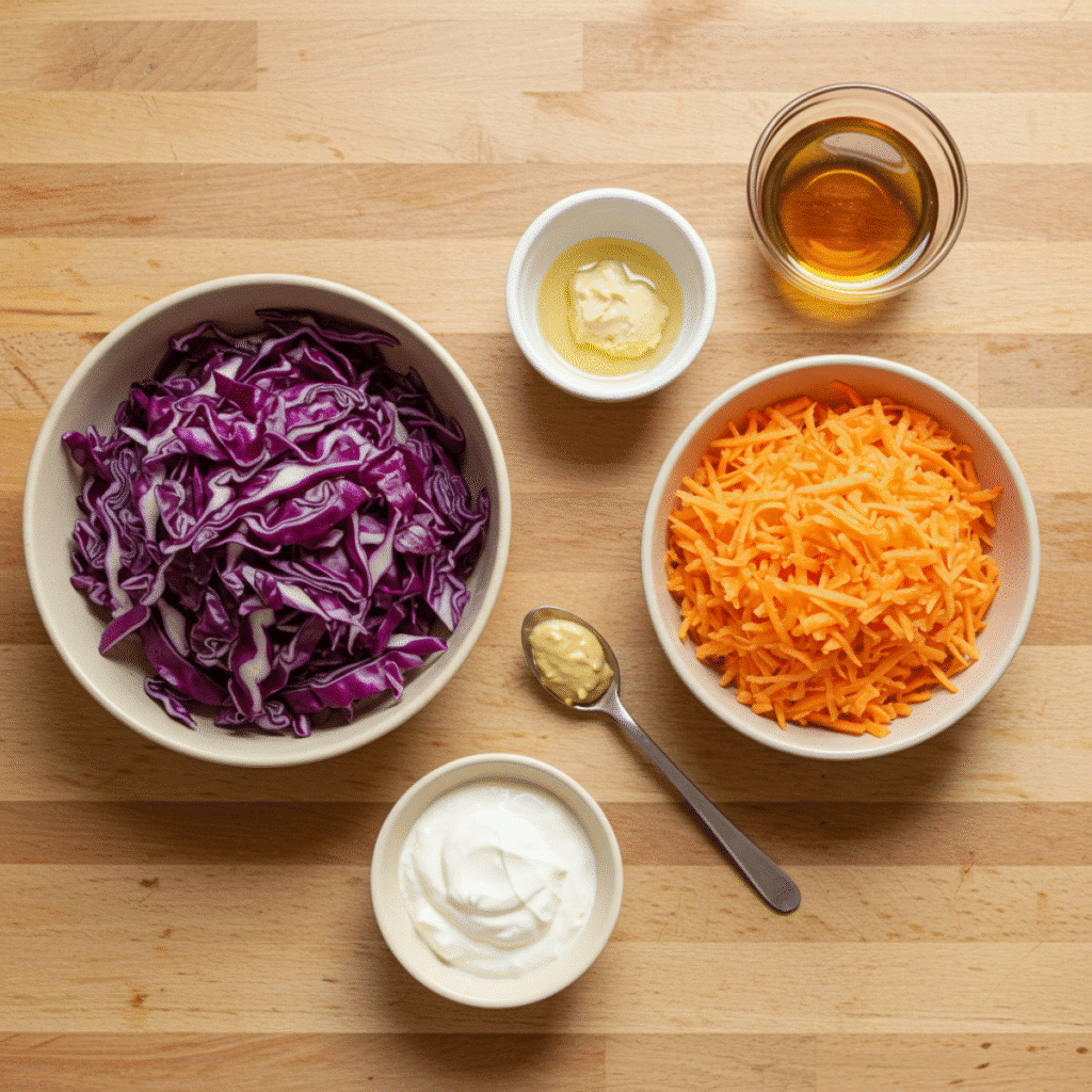 Ingredients for healthy red cabbage coleslaw recipe