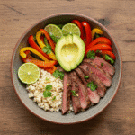 healthy steak fajita bowl recipe with vegetables and rice