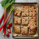 Healthy strawberry rhubarb oat bars in baking tray with fresh fruit