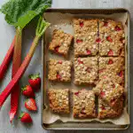 Healthy strawberry rhubarb oat bars in baking tray with fresh fruit