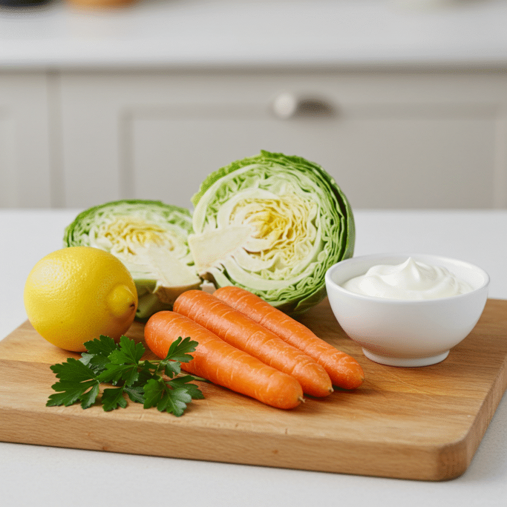 Jamie Oliver coleslaw ingredients on wooden cutting board