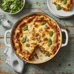 Jamie Oliver vegetarian lasagna with pesto and nuts served on a rustic table