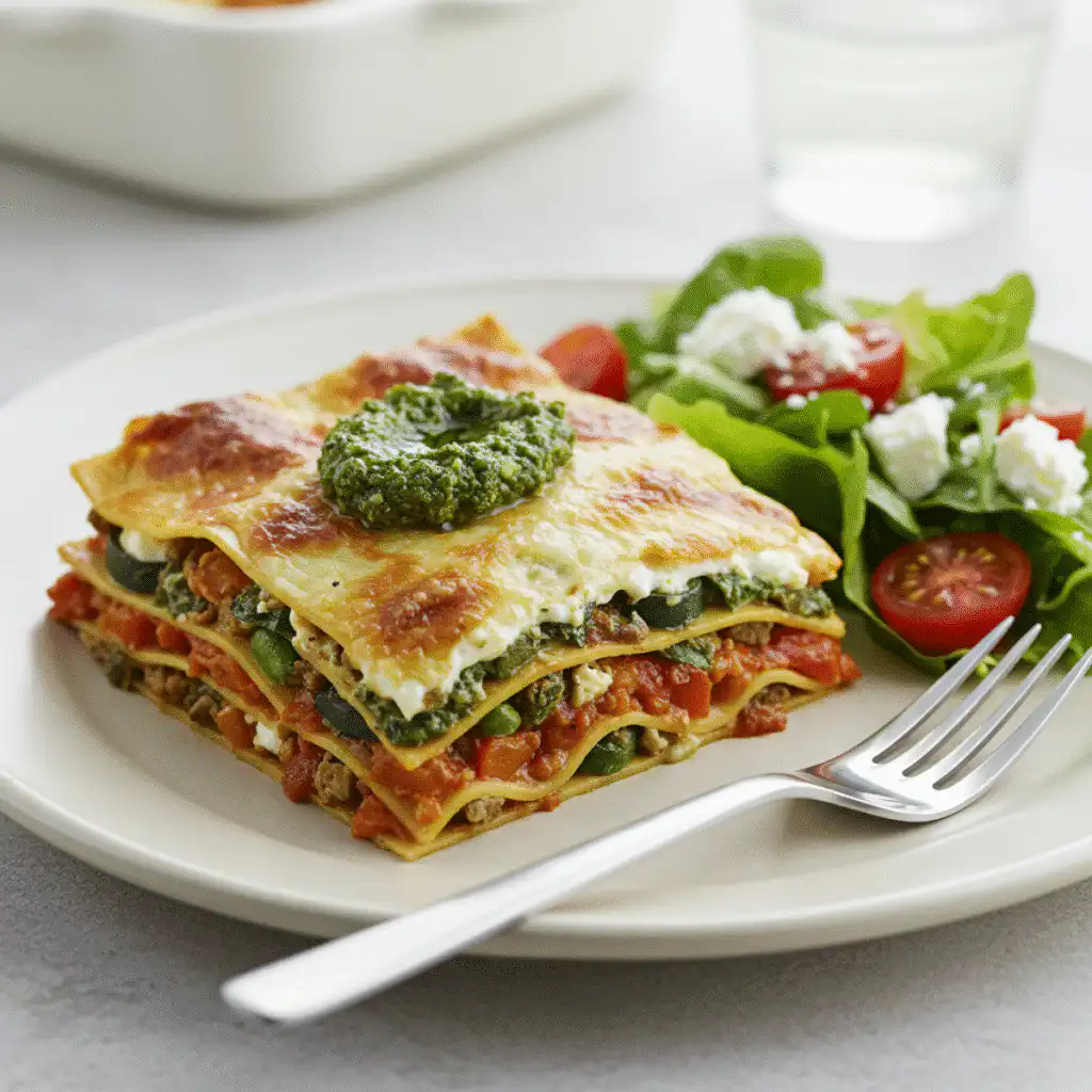 Jamie Oliver vegetarian lasagna served with salad
