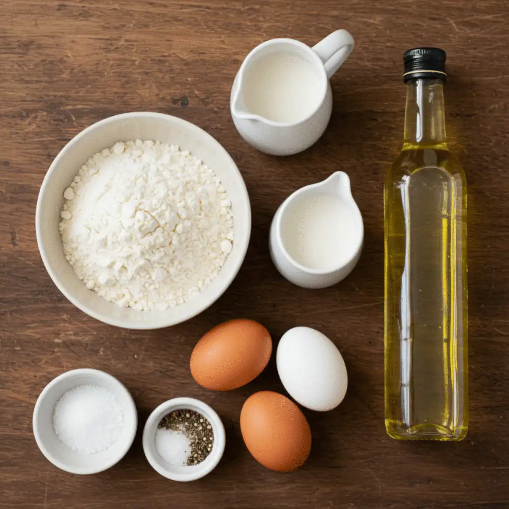 Jamie Oliver Yorkshire pudding ingredients laid out on wood