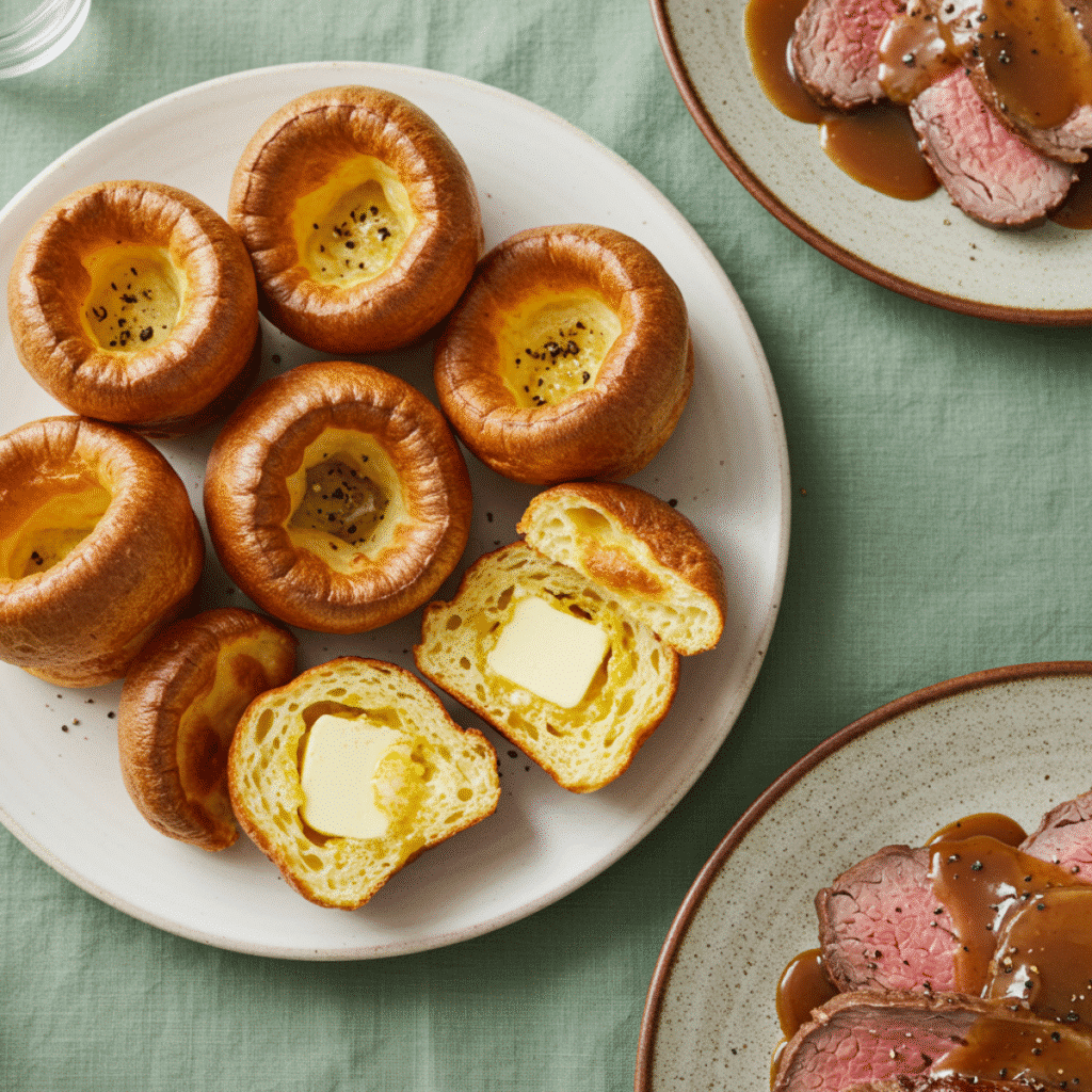 Jamie Oliver Yorkshire puddings served with butter and roast beef