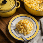 mac and cheese Jamie Oliver recipe served on a rustic plate by the window
