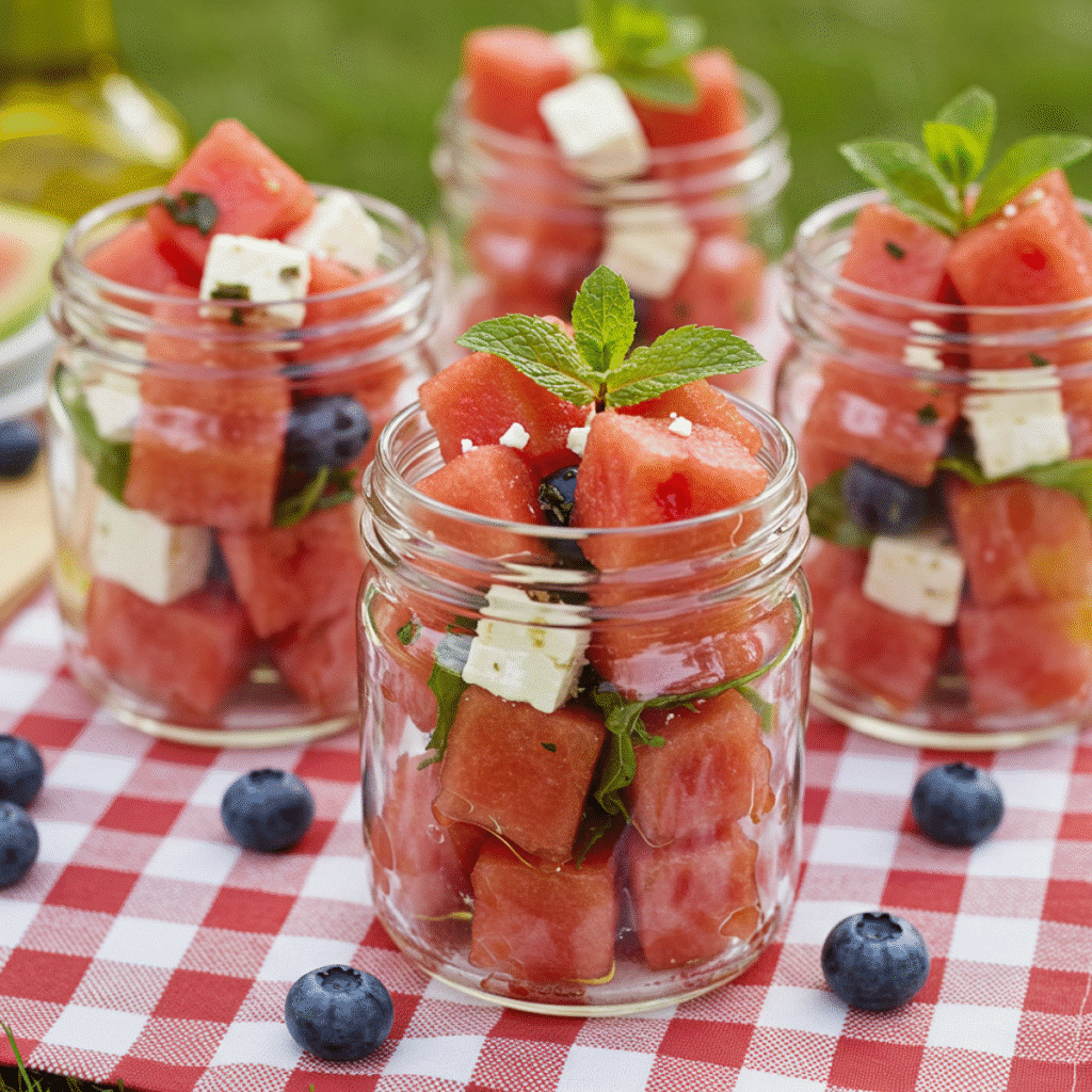 serving jamie oliver watermelon salad in jars