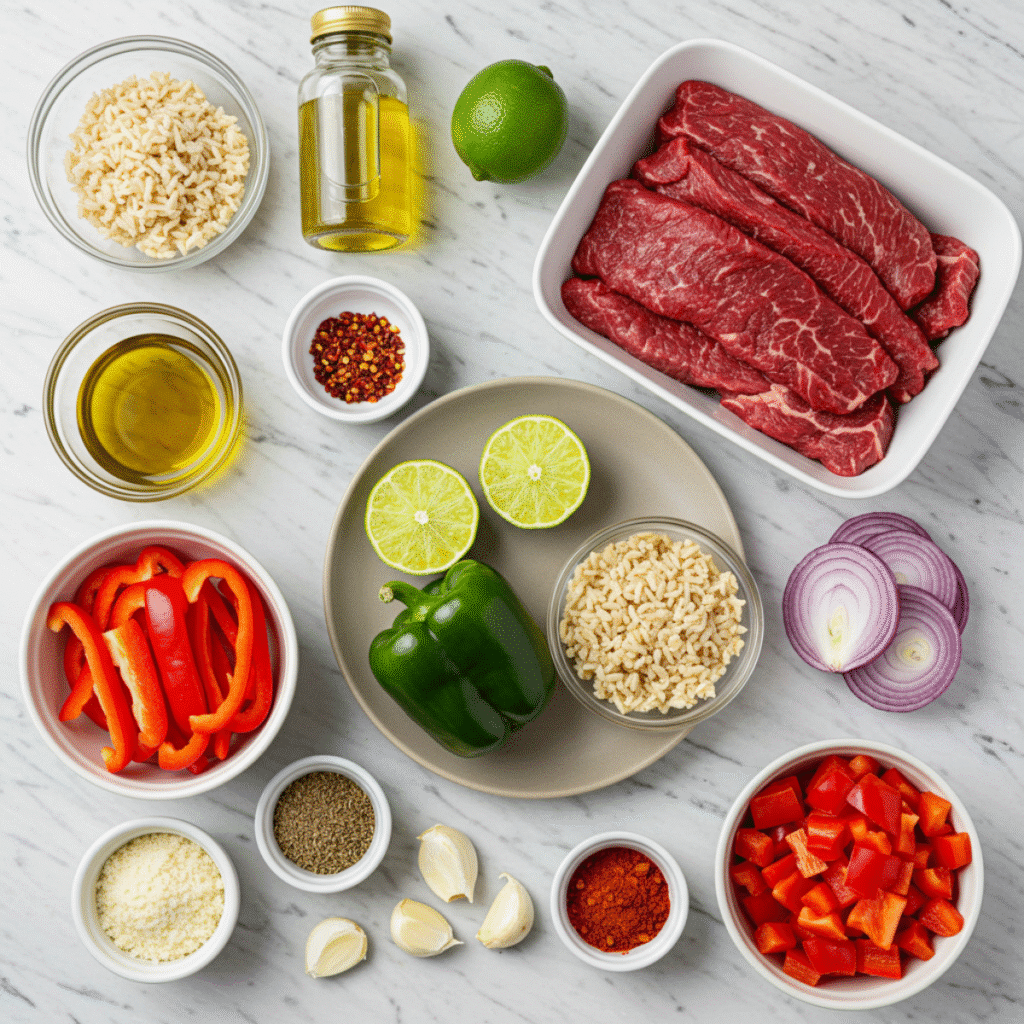 healthy steak fajita bowl ingredients laid out on table