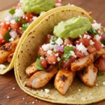 Chicken Street Tacos with juicy grilled chicken, fresh pico de gallo, cotija cheese, and guacamole in warm corn tortillas