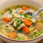Anti-Inflammatory Chicken Soup with carrots, peas, and shredded chicken