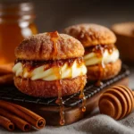 Apple Cider Whoopie Pie Cookies with Caramel on rustic tray