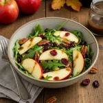 Apple Cranberry Pecan Salad with apples, cranberries, pecans, and greens in a rustic bowl