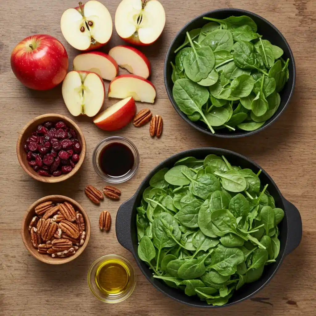 Apple Cranberry Pecan Salad ingredients arranged on table
