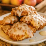 Baked apple fritters stacked on a plate with glaze