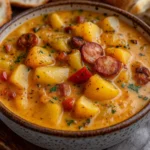 Cajun Potato Soup in a rustic bowl with sausage and potatoes