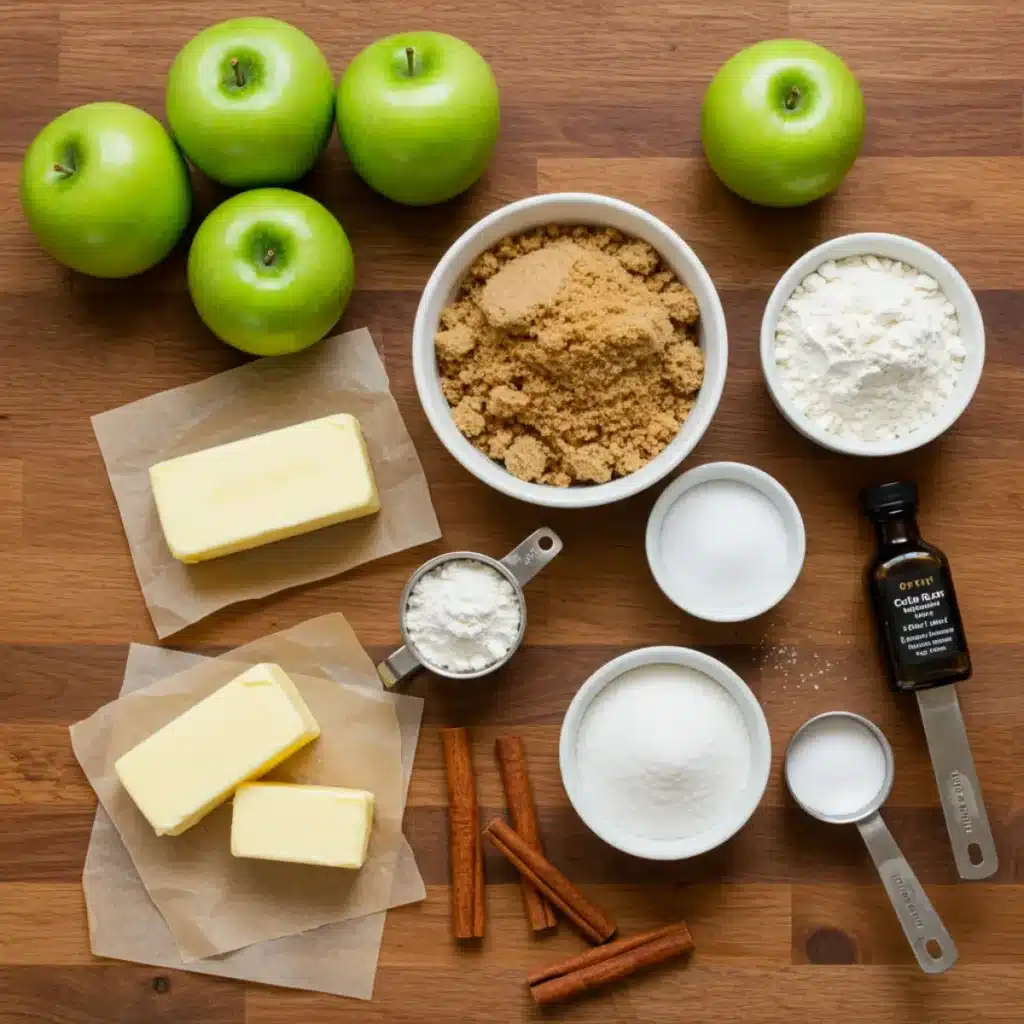 : Ingredients for Caramel Apple Upside Down Cake on wooden kitchen counter