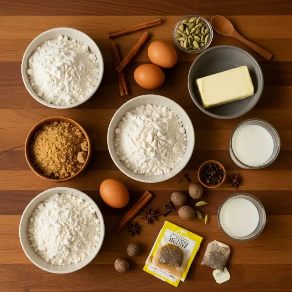 Chai Cake ingredients on a rustic kitchen counter