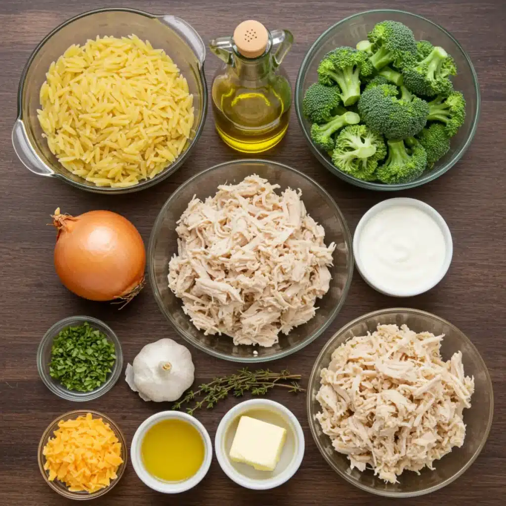 Ingredients for Cheesy Chicken Broccoli Orzo
