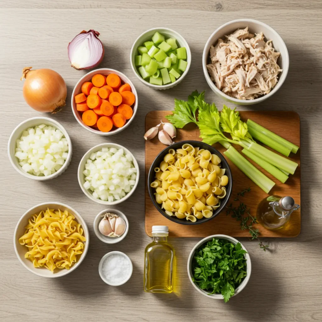 chicken noodle soup ingredients laid out
