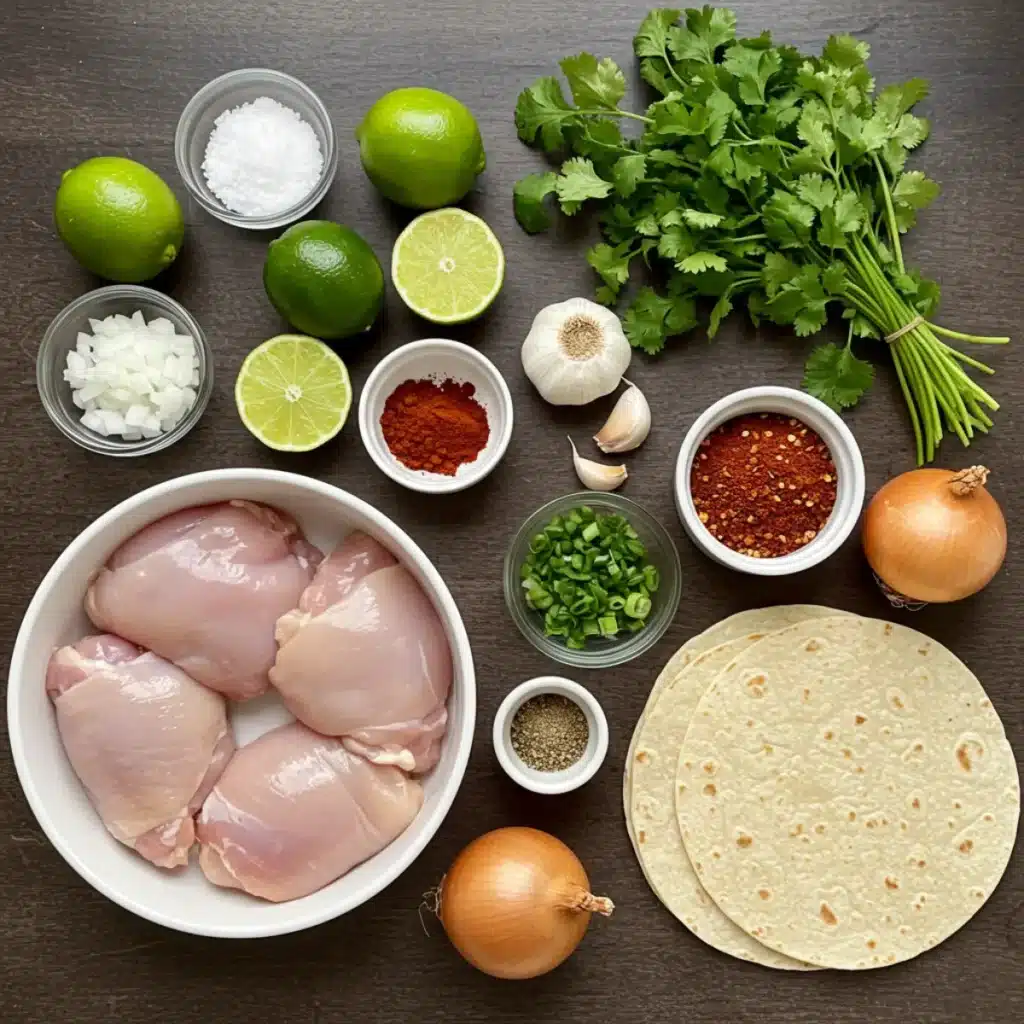 Fresh ingredients for Chicken Street Tacos including chicken thighs, limes, garlic, spices, cilantro, onions, and corn tortillas on a rustic counter