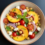 Chickpea Peach Salad with Honey Lime Dressing featuring peaches, cherry tomatoes, chickpeas, red onion, mint, and feta in a ceramic bowl.