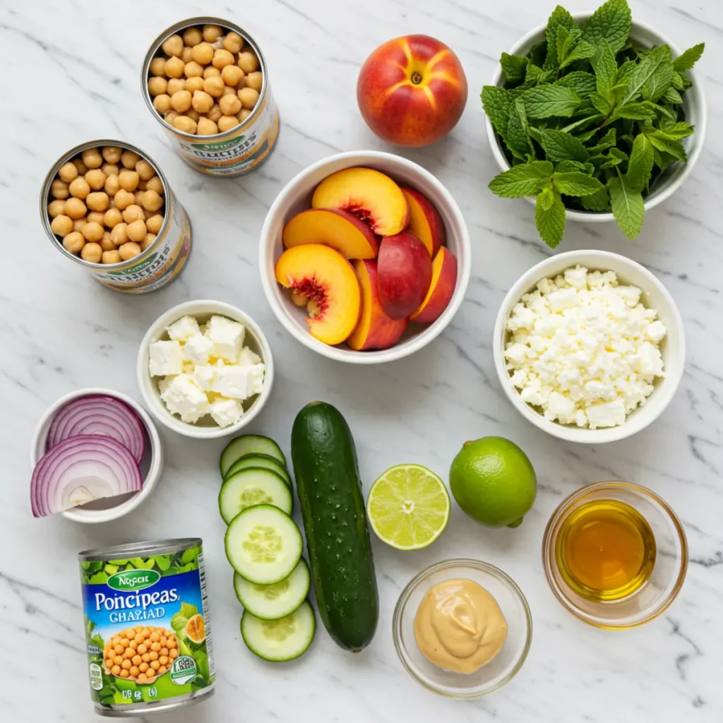 Ingredients for Chickpea Peach Salad with Honey Lime Dressing.