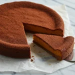 flourless chocolate pumpkin torte with cocoa dusting and slice cut out