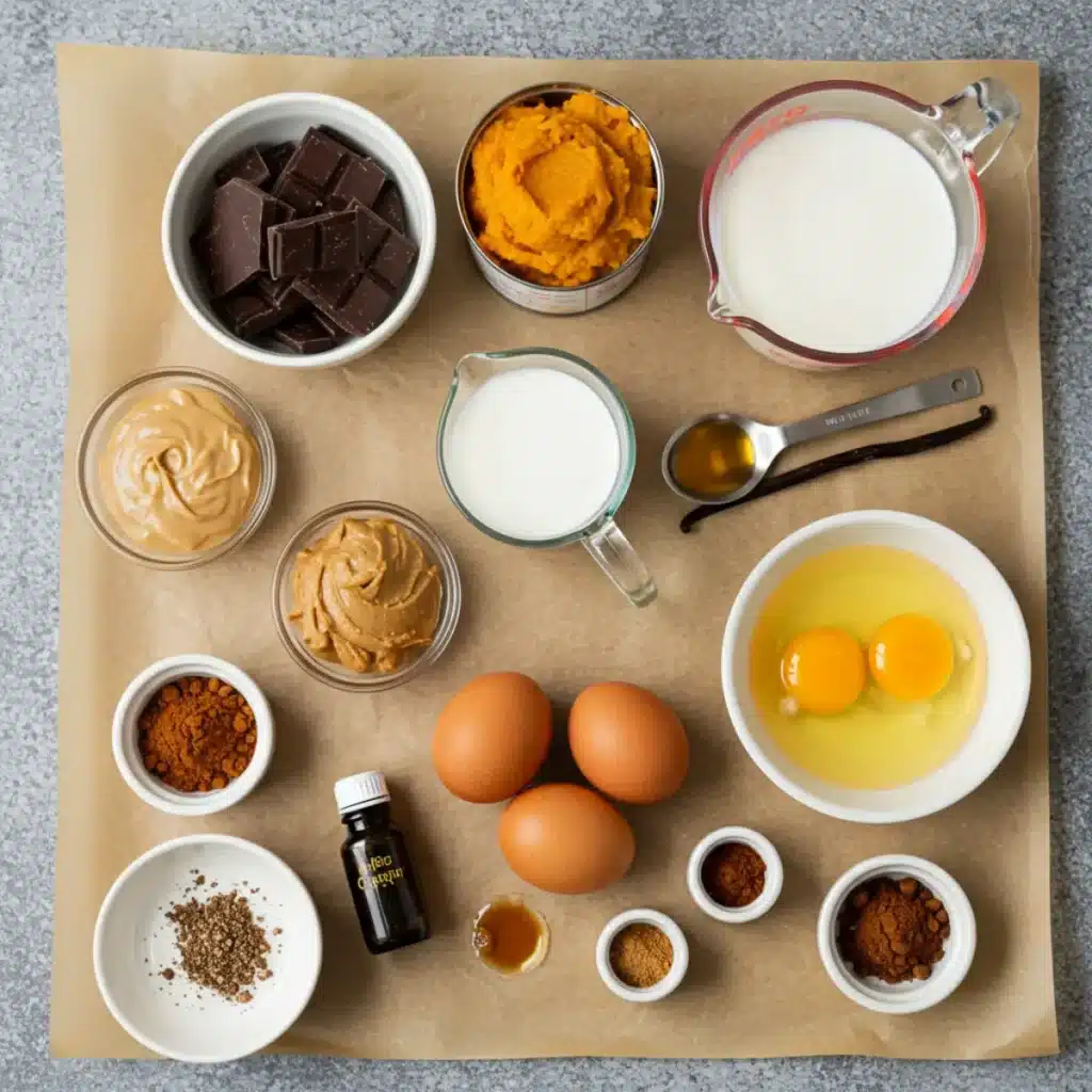 ingredients for chocolate pumpkin torte including chocolate, pumpkin, almond butter, coconut milk, and eggs