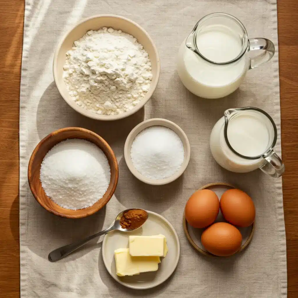 Cinnamon Donut Bread ingredients flat lay